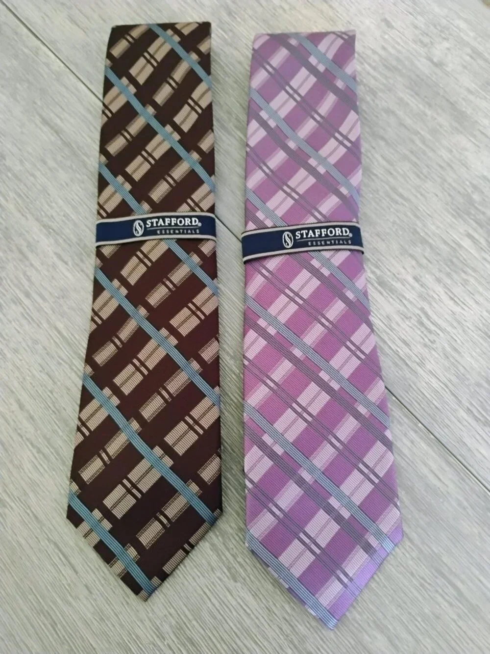 Two Stafford Essentials Plaid Silk Ties, NWT